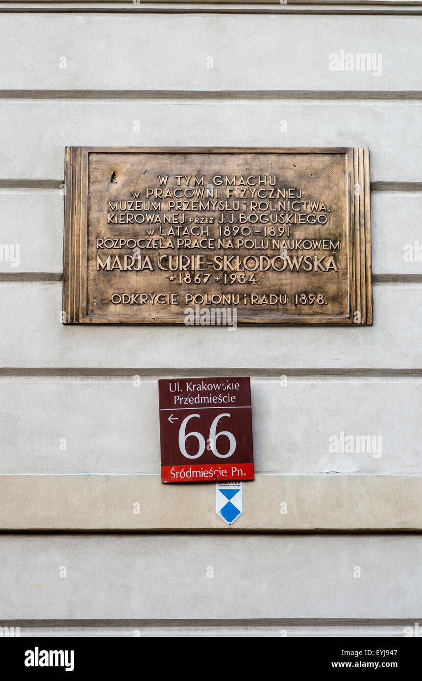 Plaque commémorant la première Maria Skłodowska Curie laboratoire, Varsovie, Pologne Banque D'Images