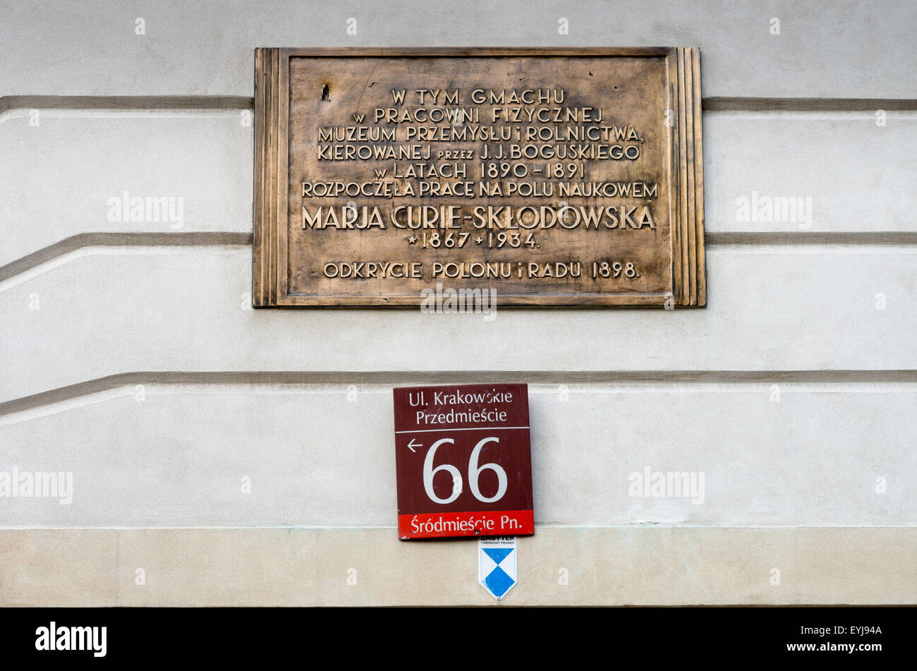 Plaque commémorant la première Maria Skłodowska Curie laboratoire, Varsovie, Pologne Banque D'Images