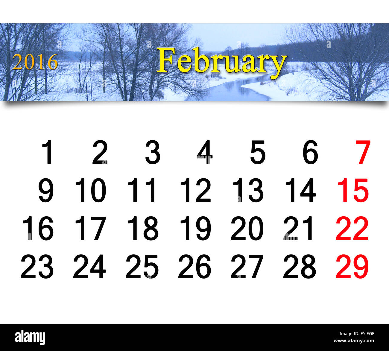 Calendrier pour 2016 avec la rivière d'hiver. Calendrier pour l'impression et utilisation dans la vie de bureau. Banque D'Images