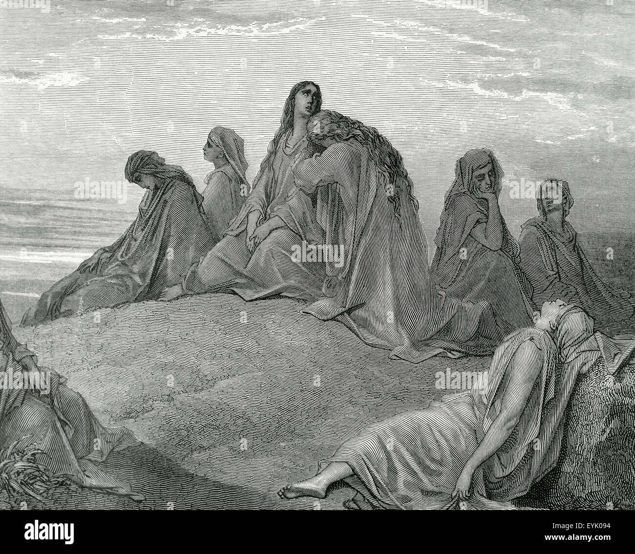 Ancien Testament. La fille de Jephté et de ses compagnes. La gravure. Illustration de la Bible par Gustave Dore. 19e siècle. Banque D'Images