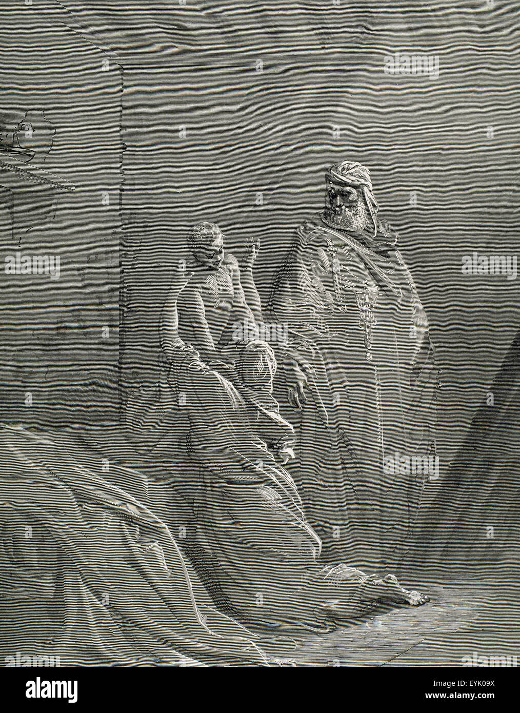 Ancien Testament. Elie retire le fils de la veuve de Sarepta. Bible gravure de Gustave Dore, 19e siècle. Banque D'Images