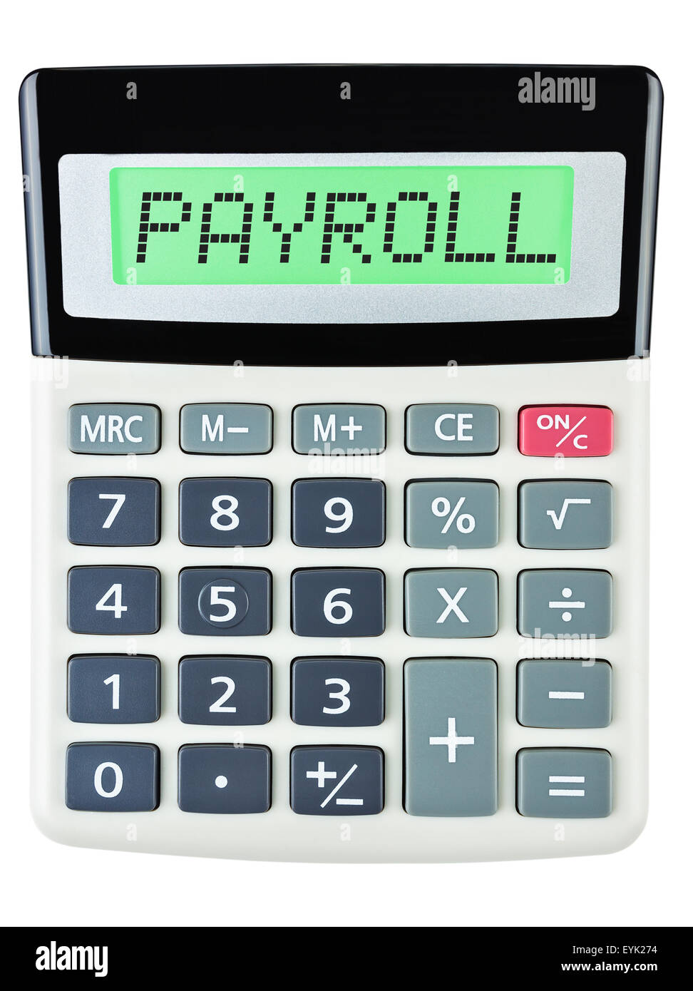 Calculatrice avec affichage sur la paie sur fond blanc Banque D'Images