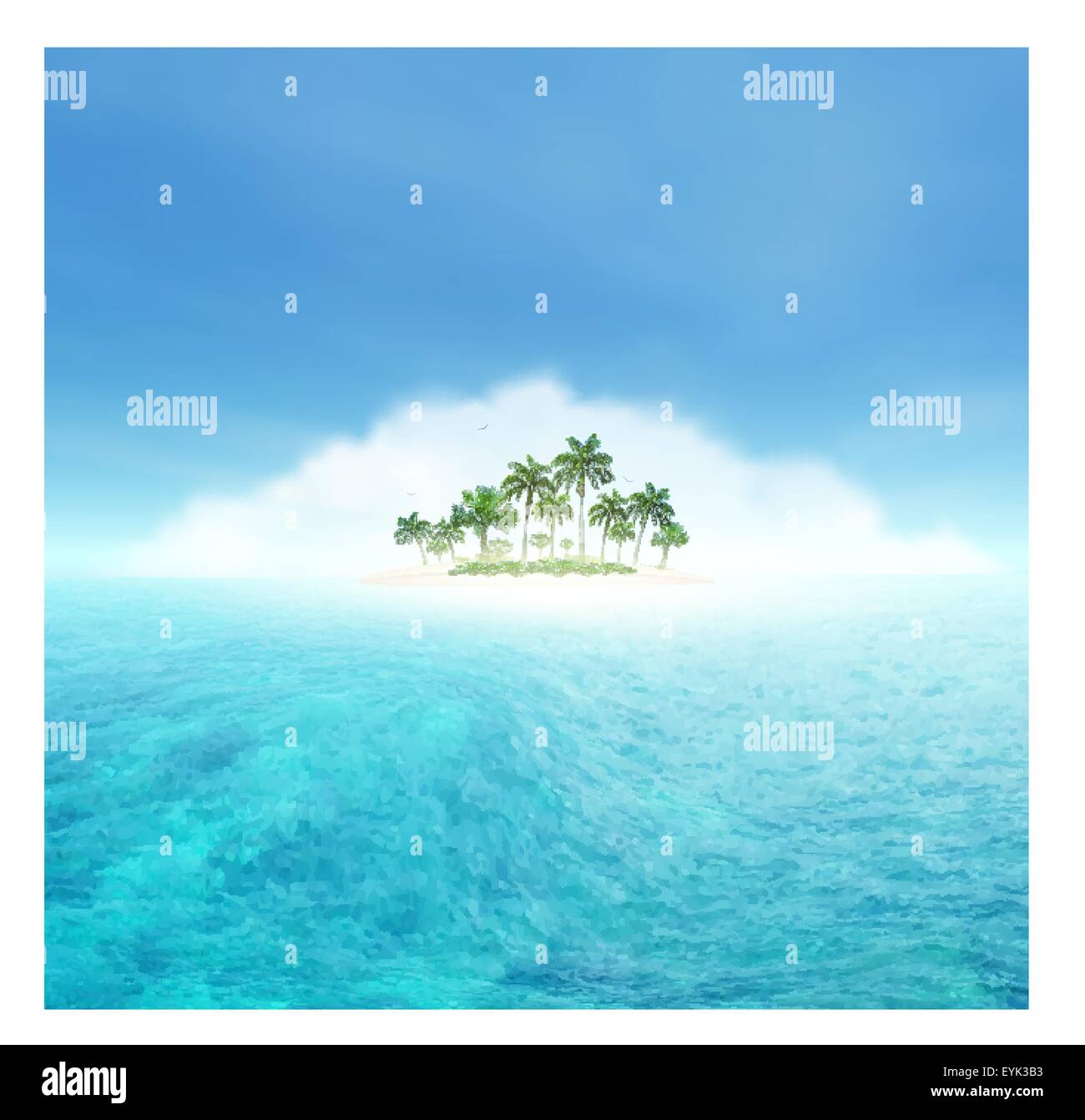 Ciel, nuage, océan, vague et île tropicale avec palmiers Illustration de Vecteur
