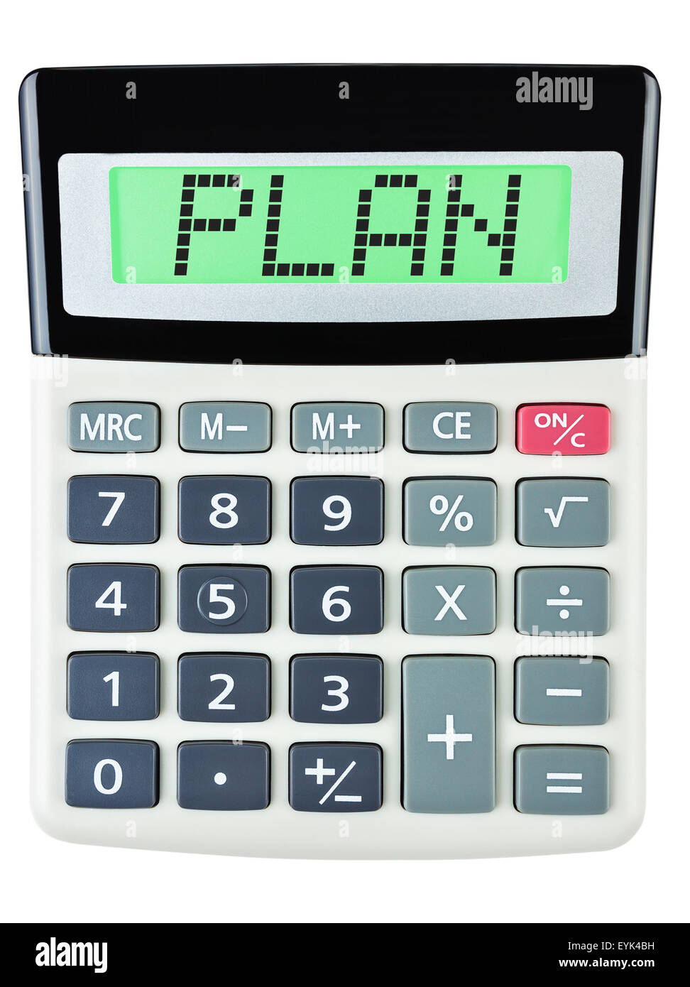 Calculatrice avec affichage sur le plan isolé sur fond blanc Banque D'Images