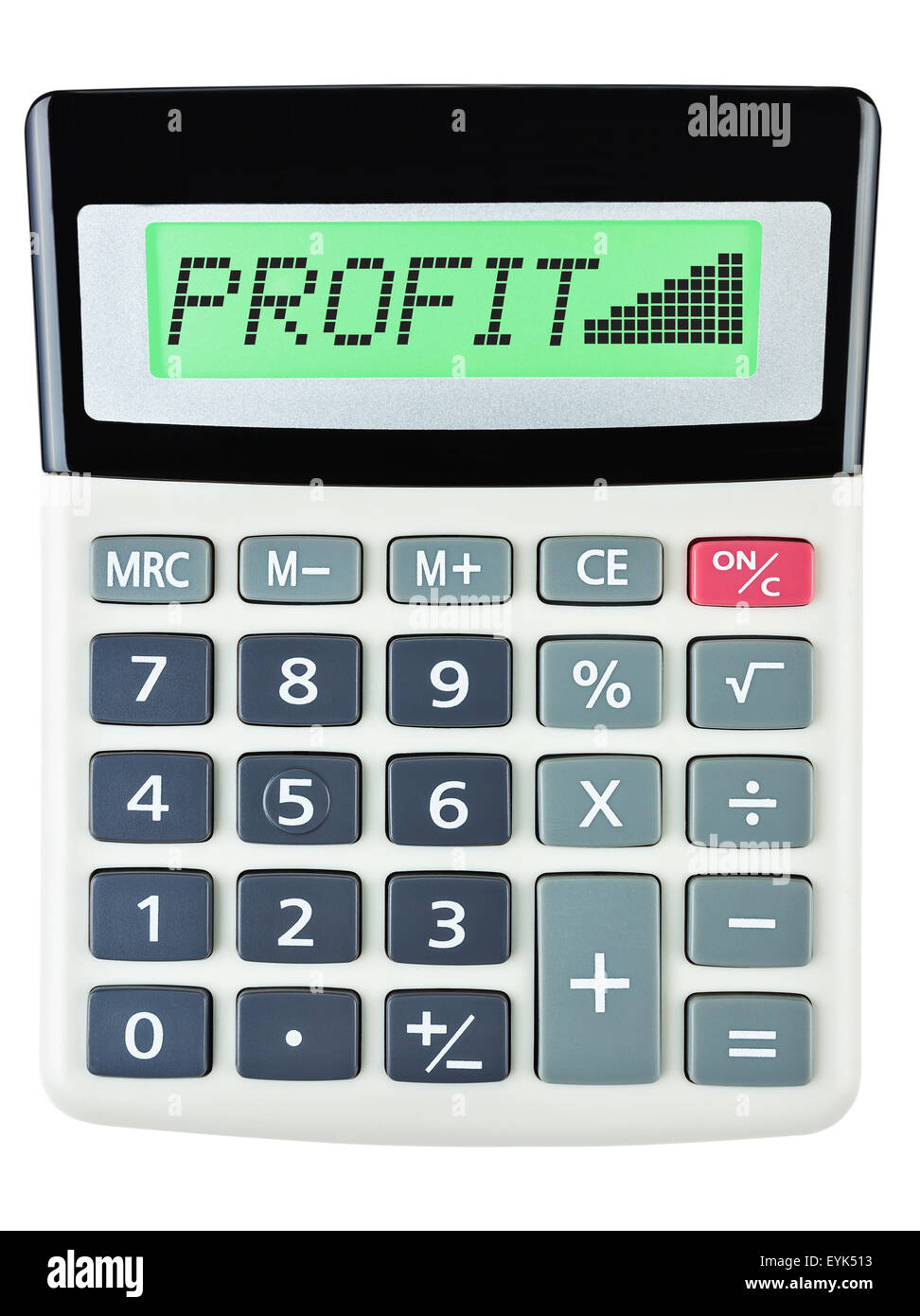 Calculatrice avec profit sur l'affichage sur fond blanc Banque D'Images