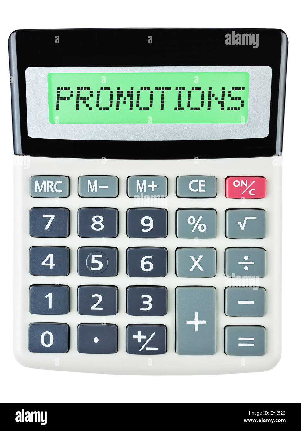 Calculatrice avec des promotions sur l'affichage isolé sur fond blanc Banque D'Images