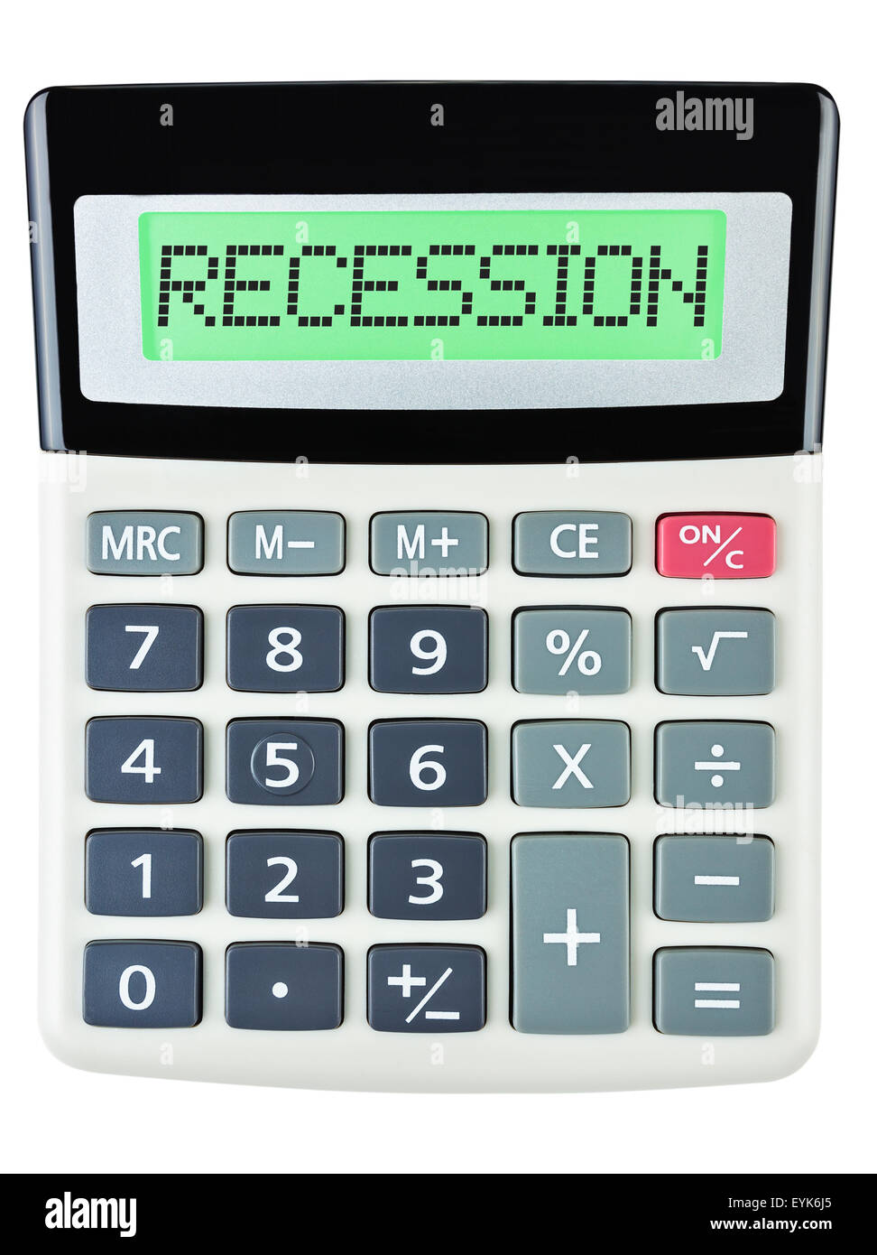 Calculatrice avec affichage sur récession isolé sur fond blanc Banque D'Images