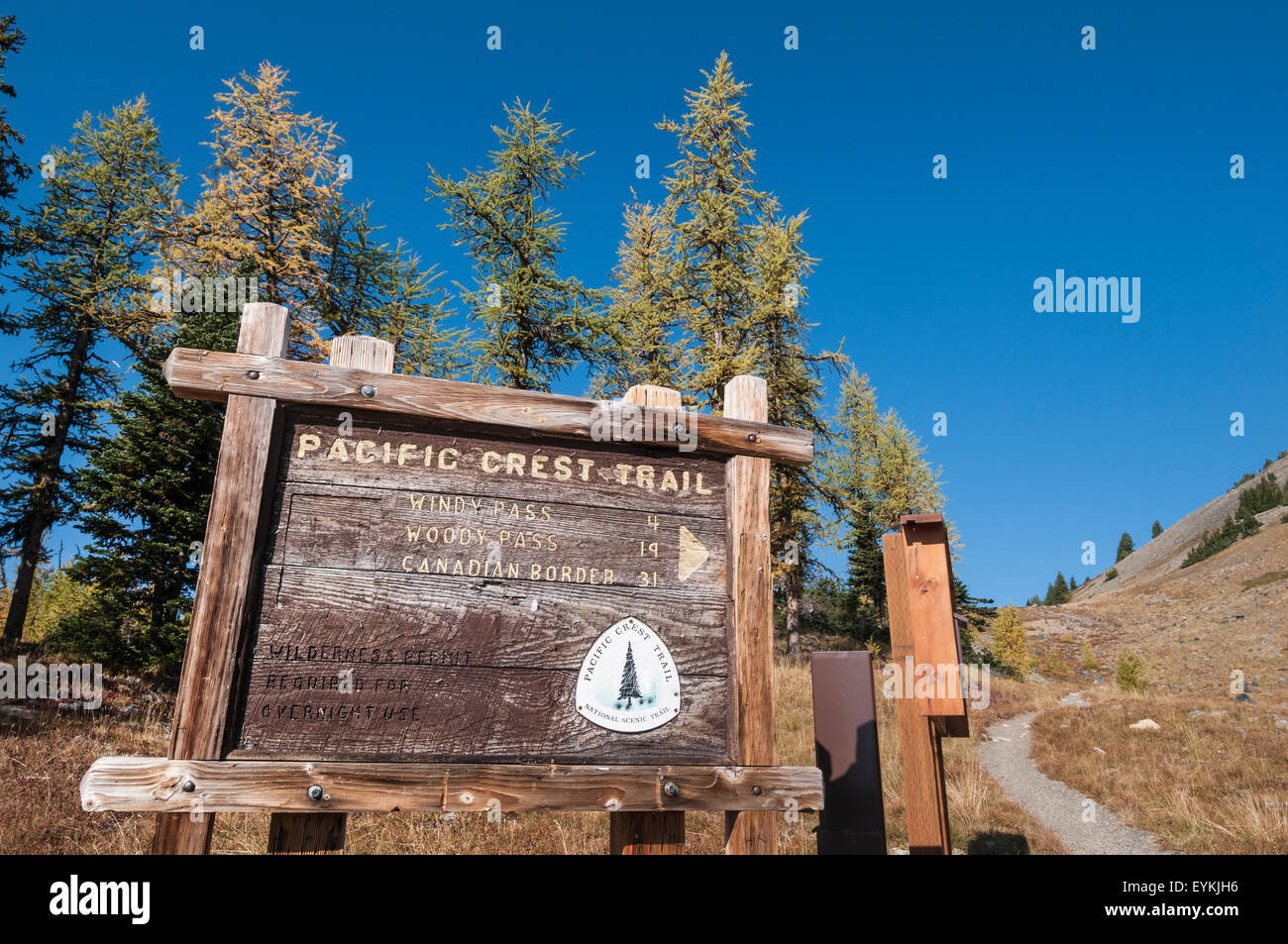 Pacific Crest Trail signe pour passer de vent sur route du col de Harts, North Cascades, Washington. Banque D'Images