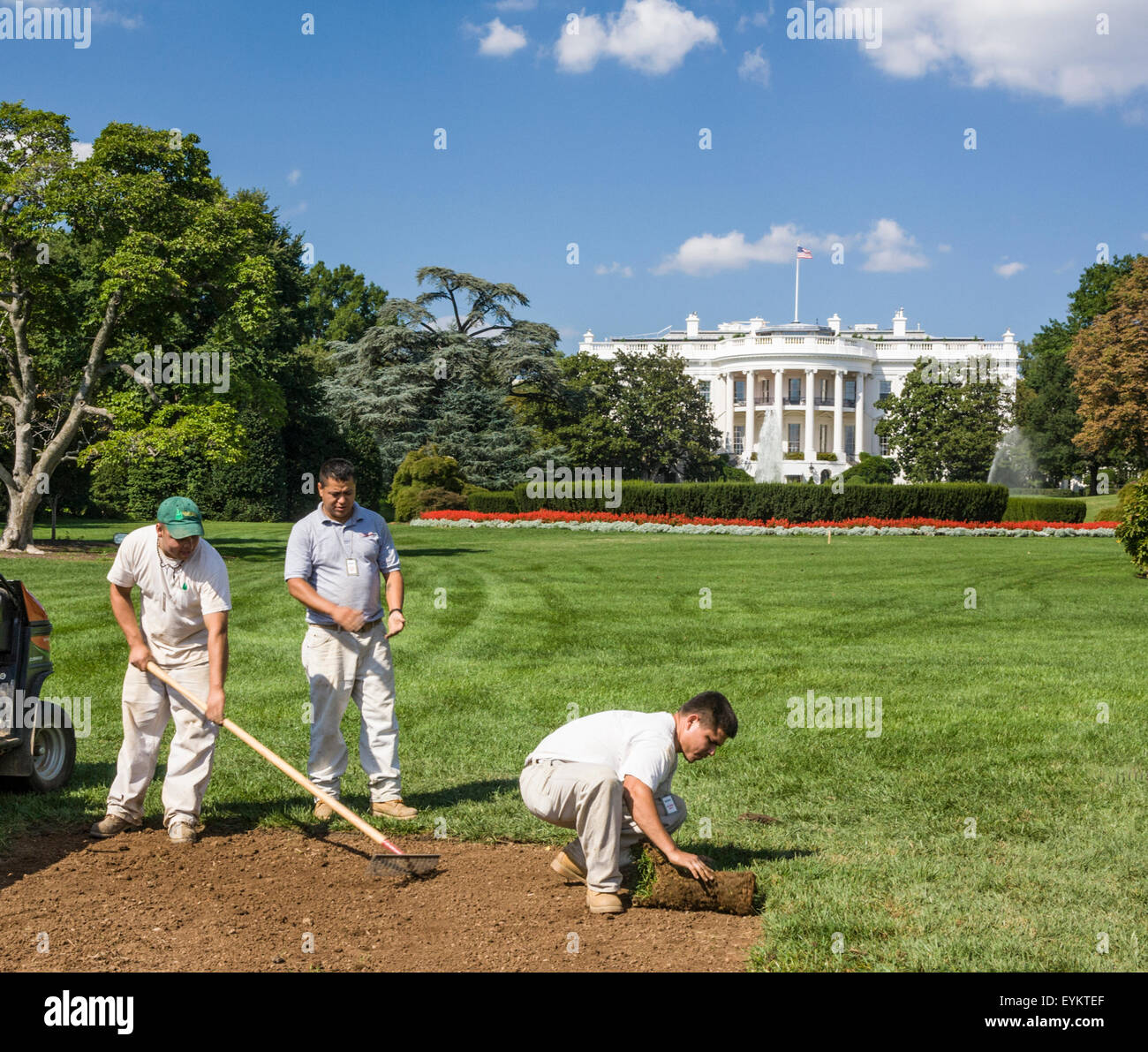 Jardiniers hispaniques gazon de réparation à la Maison Blanche, Washington DC USA Banque D'Images