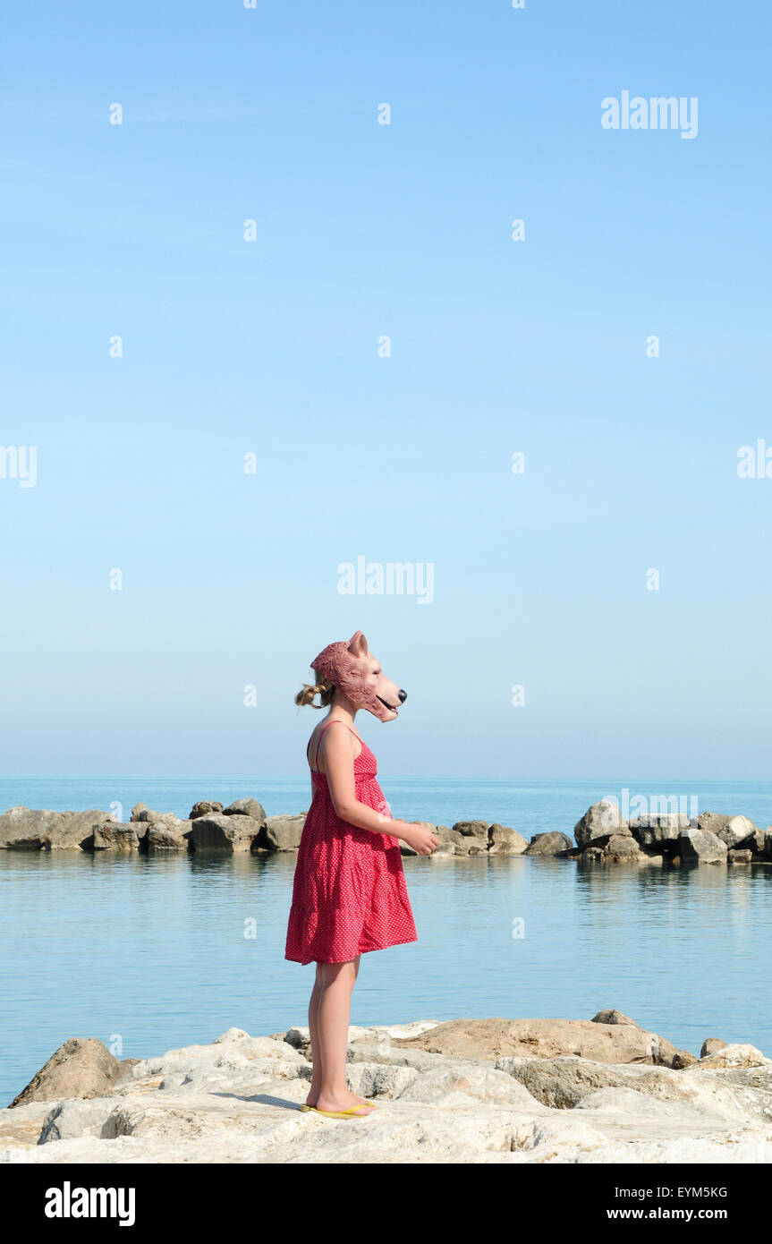 Masque Loup, girl, mer, Banque D'Images