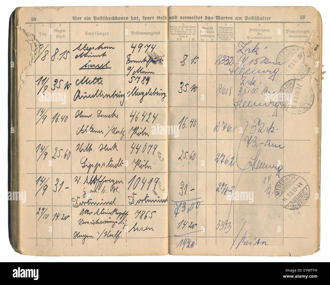 Vieux bureau de poste allemand livraison enregistrée à partir de 1931, l'enregistrement des entrées et des signatures, l'Empire allemand, l'Europe, Banque D'Images
