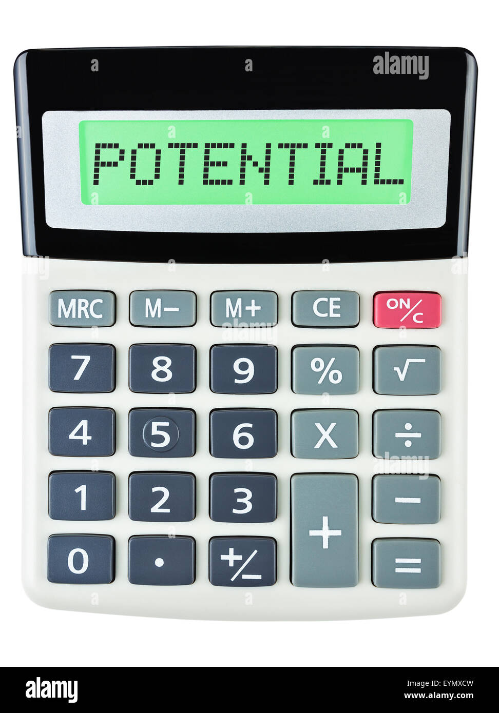 Calculatrice avec affichage sur POTENTIEL isolé sur fond blanc Banque D'Images