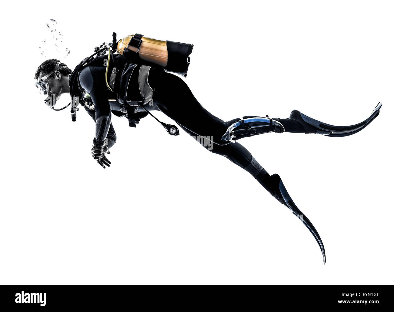 Un portrait de plongée sous marine diving man en silhouette studio isolé sur fond blanc Banque D'Images