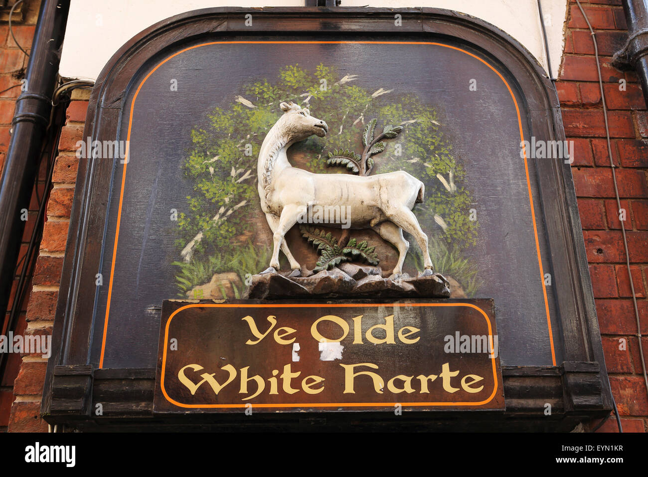 Signe pour Ye Olde White Harte pub à Hull, en Angleterre. Le signe porte un bas-relief hart. Banque D'Images