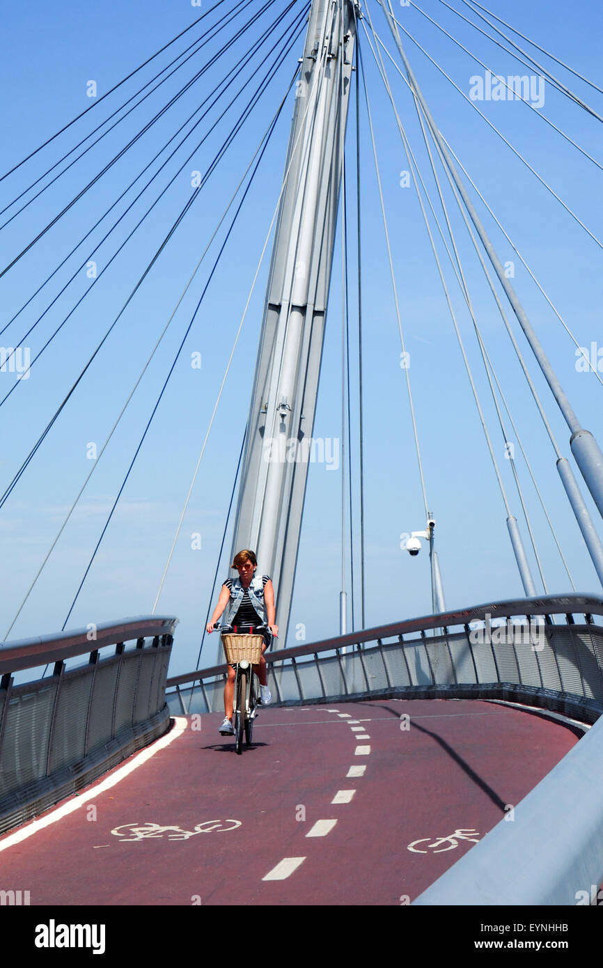 Pylône central et des haubans d'un pont suspendu pour piétons et vélos avec un cycliste, équitation sur elle. Banque D'Images