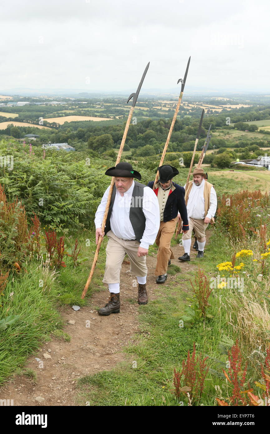 Le comté de Wexford, Irlande. 2 Août, 2015. De reconstitution historique habillés comme des United Irishmen effectuer avant pikes la bataille de Vinegar Hill re-enactment près de frome Town, dans le comté de Wexford, Irlande représentant une bataille historique entre l'Irlandais et les forces britanniques en 1798. Credit : Brendan Donnelly/Alamy Live News Banque D'Images