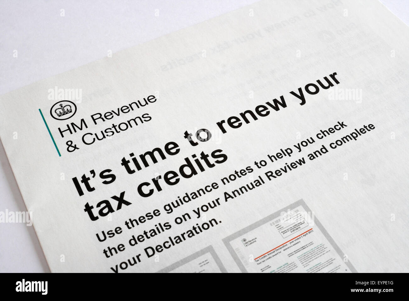 Formulaire de renouvellement des crédits d'impôt UK Banque D'Images