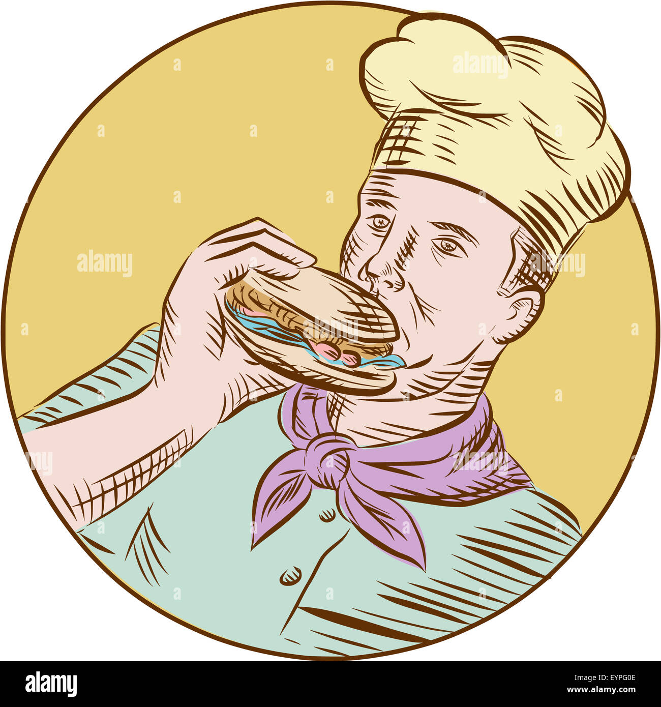 Gravure Gravure illustration style artisanal d'un chef cuisinier baker manger burger à la recherche sur le côté situé à l'intérieur du cercle. Banque D'Images