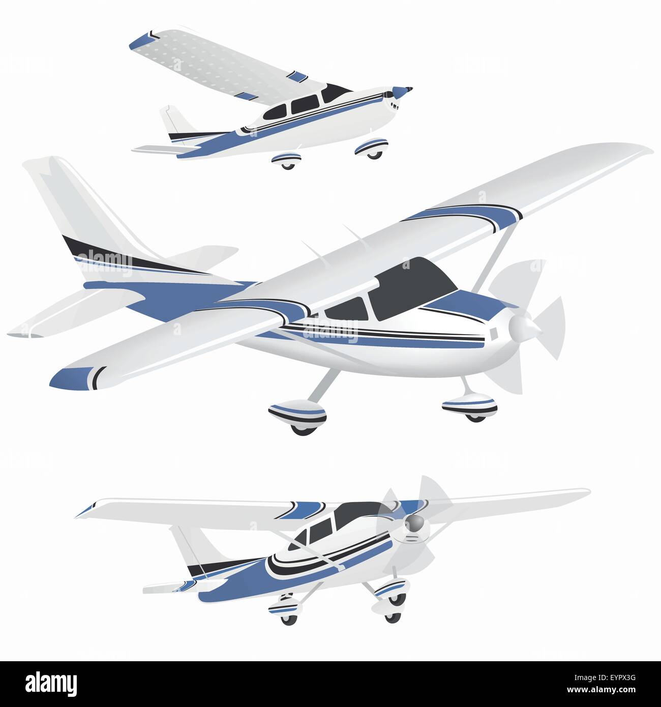 Ensemble d'avions bleu et blanc dans différentes positions Illustration de Vecteur