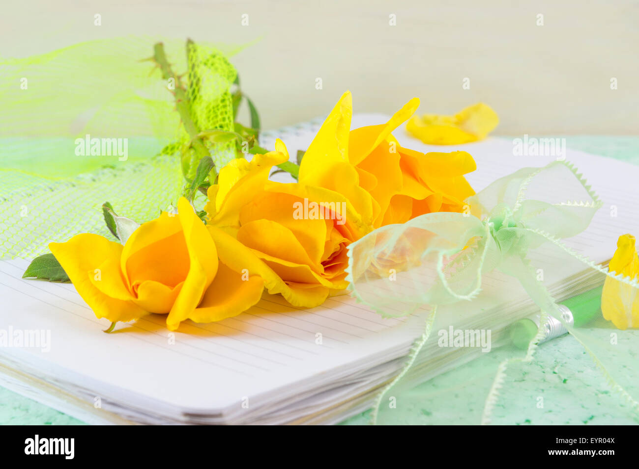 Roses jaunes sur un ordinateur portable avec ruban vert. Arrangement romantique Banque D'Images