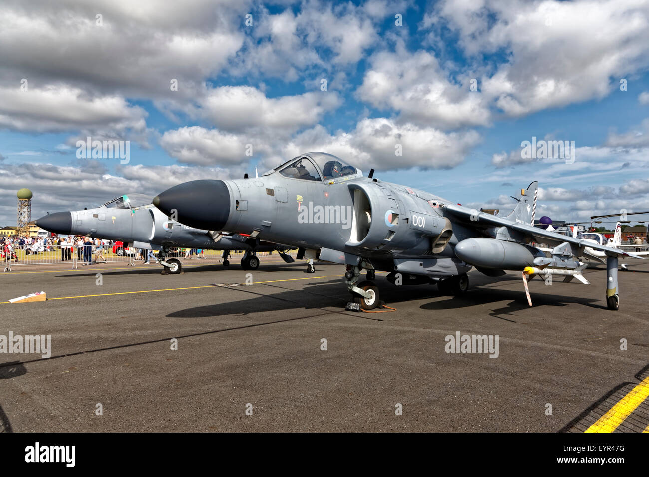 Une paire de BAe Sea Harrier FA.2 jets de saut en exposition statique à Yeovilton 2015 Journée de l'air. Banque D'Images