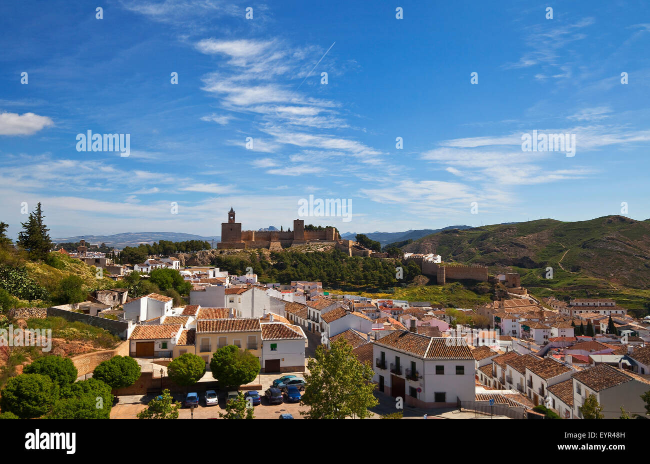 Le 8ème siècle bâti mauresque Alcazaba (château) et de la ville d'Antequera, province de Málaga, Andalousie, Espagne Banque D'Images