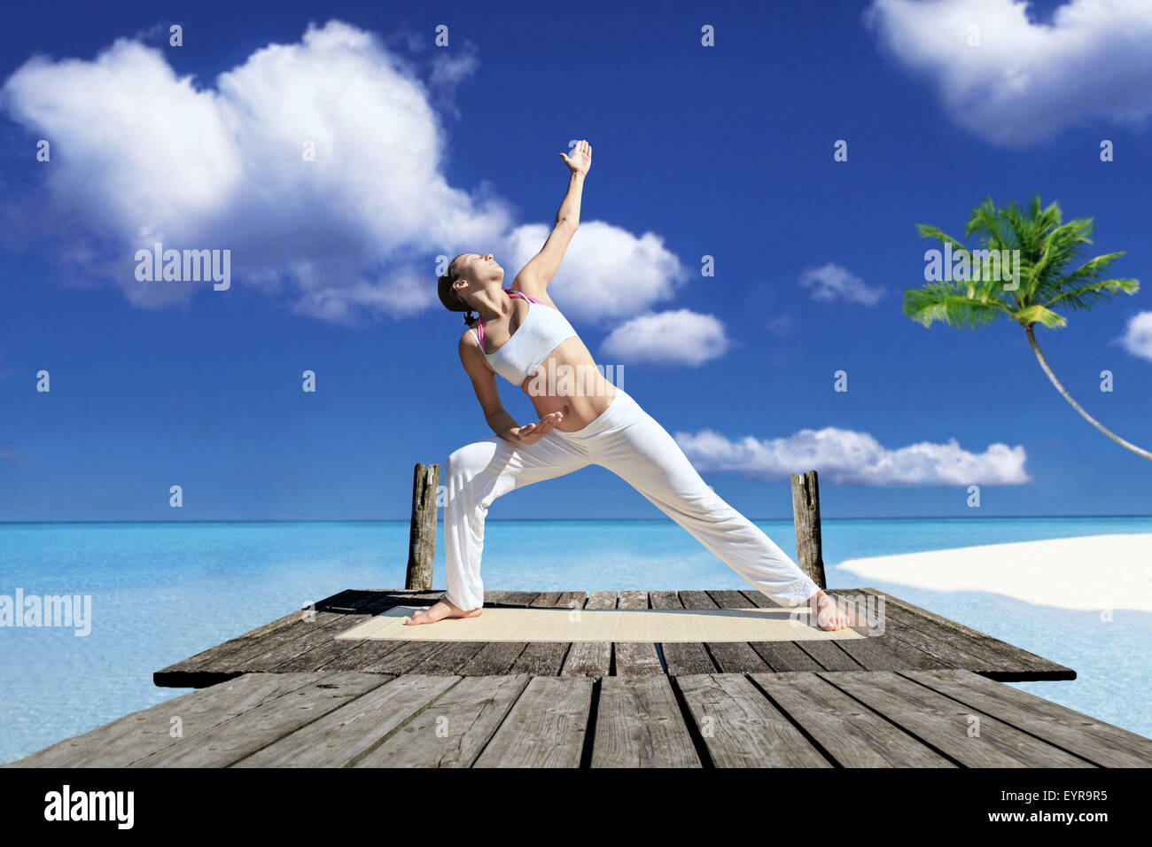 Jeune femme faisant de l'exercice de yoga à une mer Banque D'Images