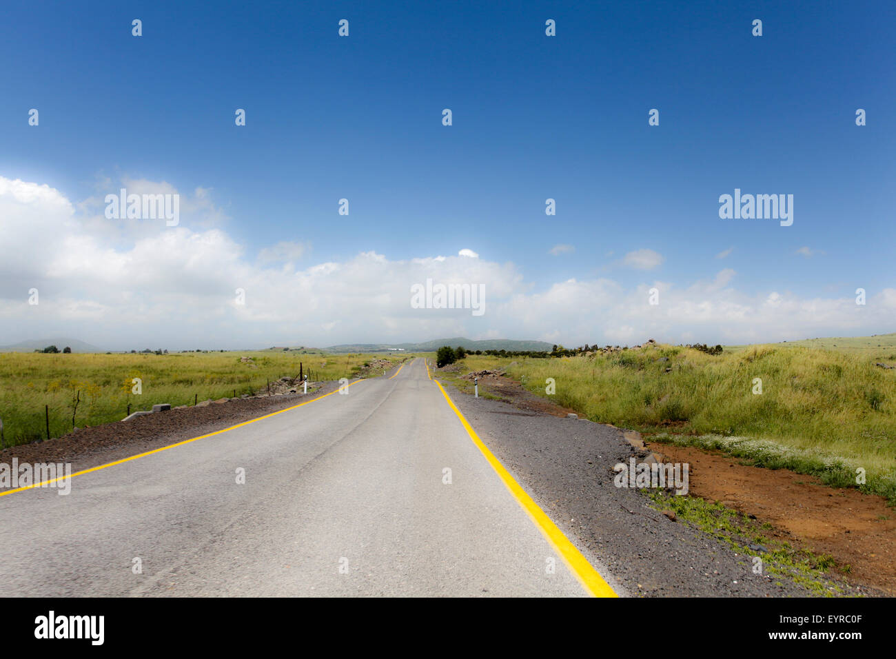 Route droite au point de fuite sur l'horizon sans trafic. Photographié dans les hauteurs du Golan, Israël Banque D'Images