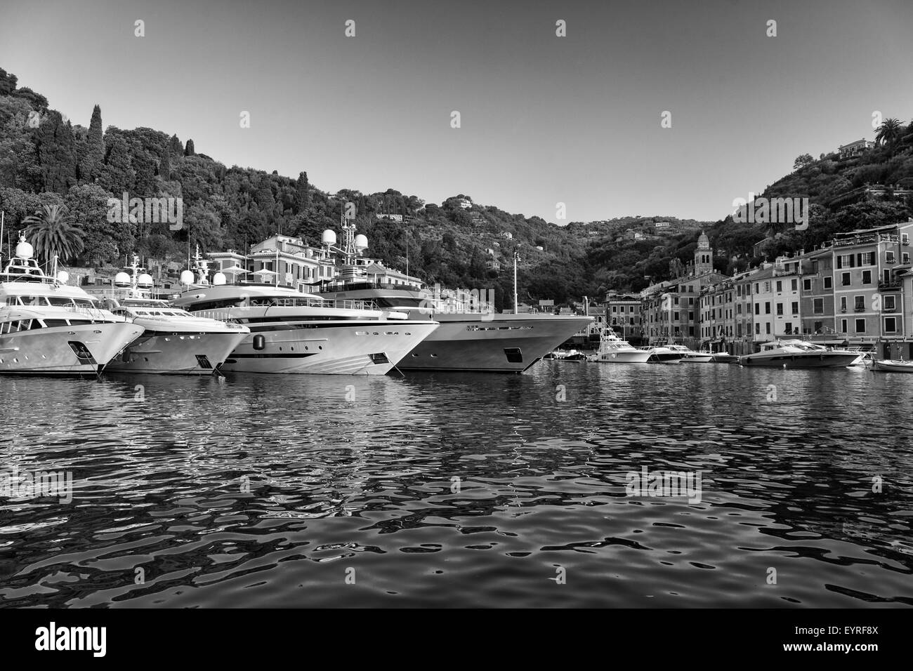 Luxury motor yachts amarrés dans le port abrité de Portofino sur la côte ligure de l'Italie, une station balnéaire populaire et touristique des Banque D'Images