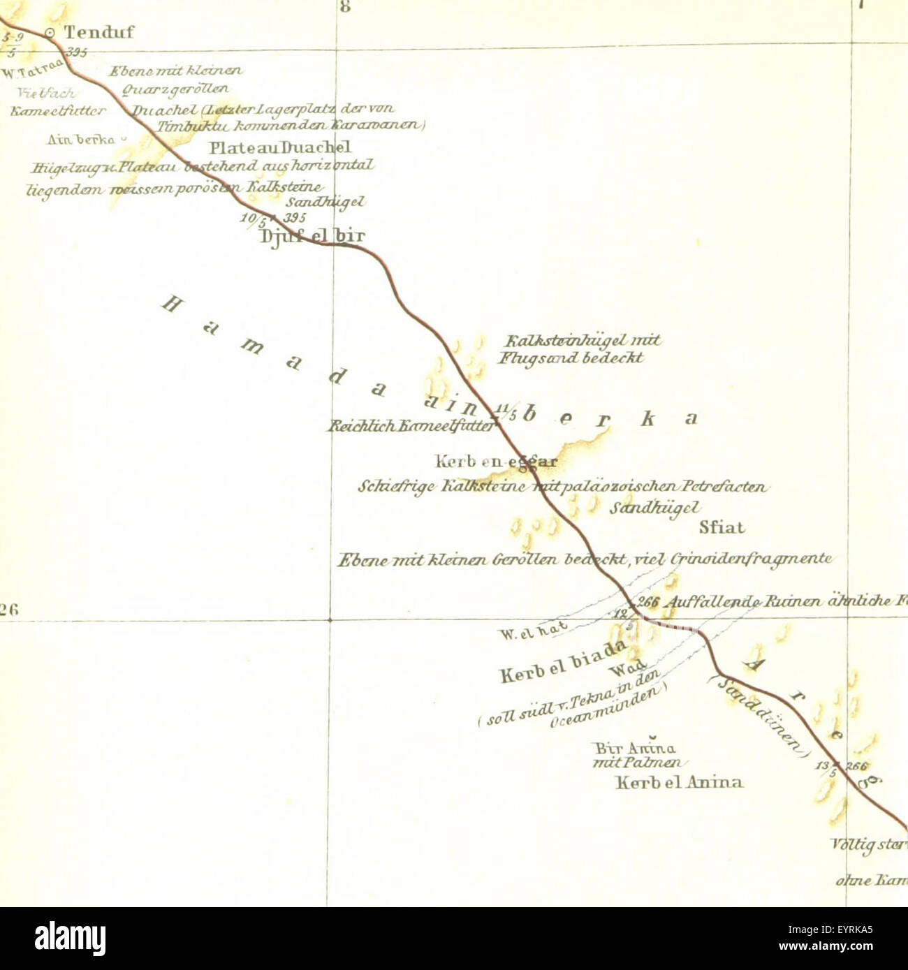 Carte de 'Tombouctou Reise durch Marokko', montrant le voyage à travers le Maroc et la célèbre ville de Tombouctou, en mettant l'accent sur les caractéristiques géographiques et culturelles. Banque D'Images