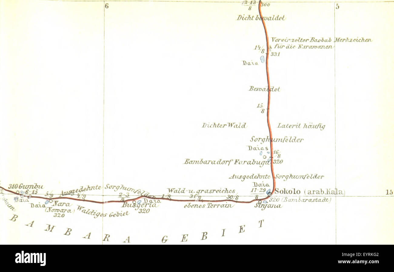 L'image montre une carte de 'Tombouctou : Reise durch Marokko', montrant la route géographique à travers le Maroc et Tombouctou, mettant en évidence les endroits clés en Afrique du Nord pendant la période d'exploration. Banque D'Images
