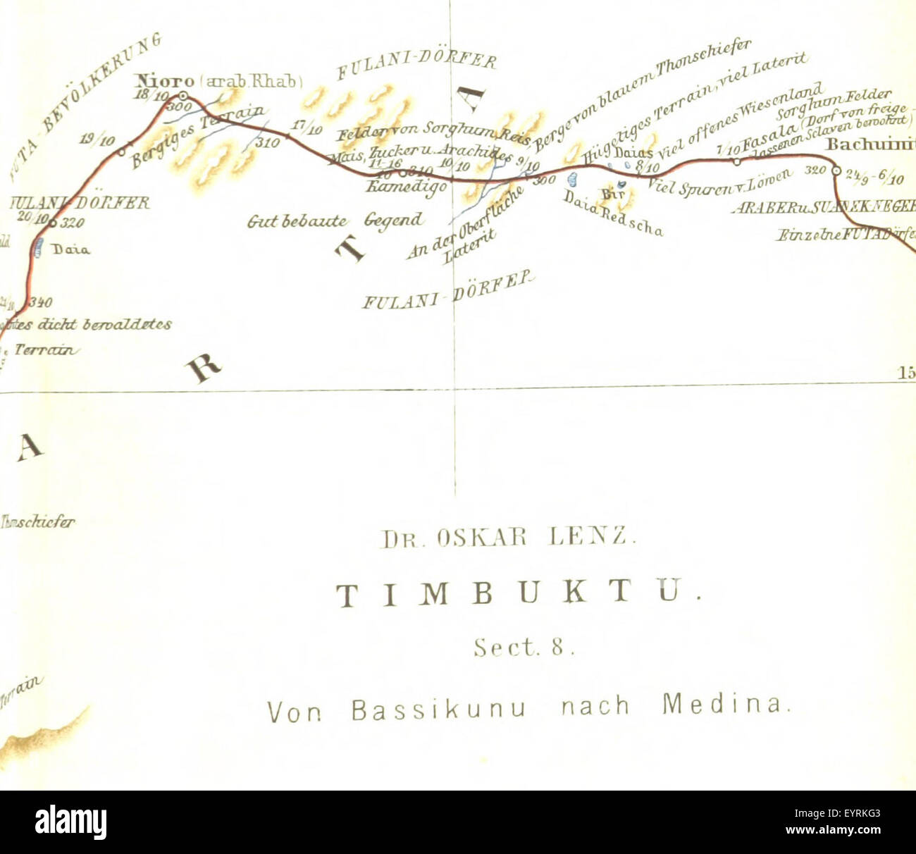 Une carte de la page 917 de 'Tombouctou Reise durch Marokko', détaillant les lieux et les caractéristiques géographiques rencontrés lors d'un voyage à travers le Maroc. Banque D'Images