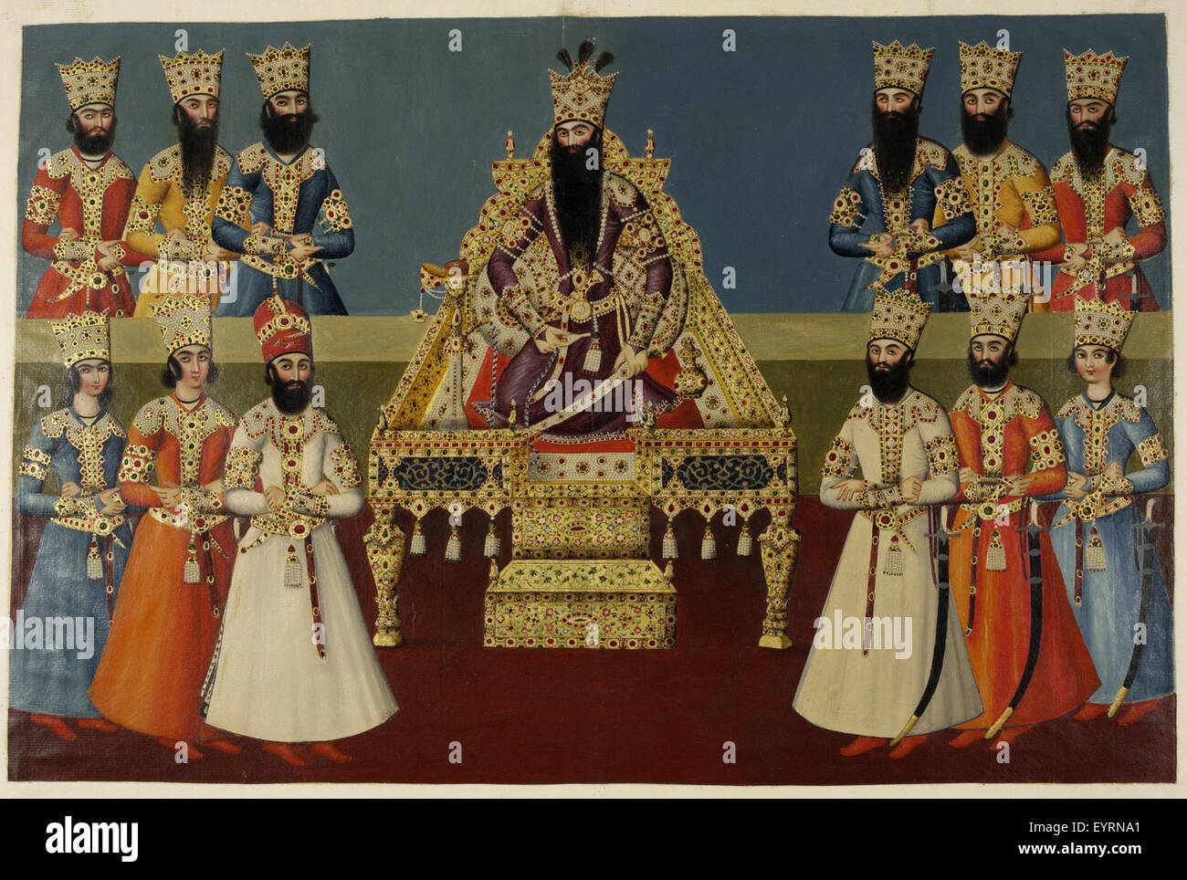 Photographie représentant une copie réduite de la murale du palais du Nigeria montrant Fath Ali Shah assis sur son trône avec ses fils et ses accompagnateurs. Banque D'Images