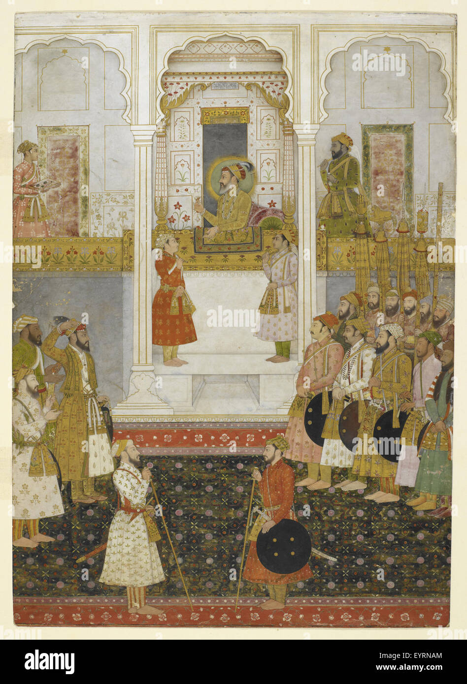 Untitled - caption : 'Shah Jahan dans durbar, tenant un rubis dans sa main droite ; 'chauri'-drapeaux se tiennent de chaque côté de lui et un accompagnateur avant lui est titulaire d'un bac de bijoux. Sur la gauche est le Prince Alamgir (Aurangzeb) qui rend hommage à son père. L'emplacement est Sans titre - sous-titre 'Shah Jahan dans durbar, tenant un ruby Banque D'Images