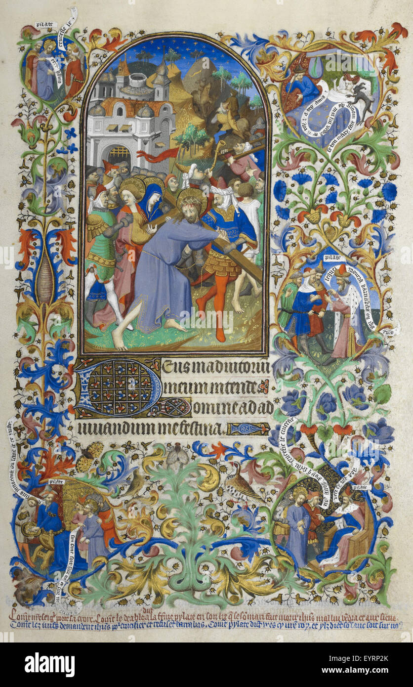 Heures de Bedford - légende : "heures de la passion [Sexte]. Le Christ portant la croix. Décorées avec des scènes marginales dont le rêve de la femme de Pilate, la grâce de Barabbas et Pilate s'en lave les mains. Avec texte initial décoré d de la Bedford Heures - légende "heures de la passion [Sexte] Christ Banque D'Images