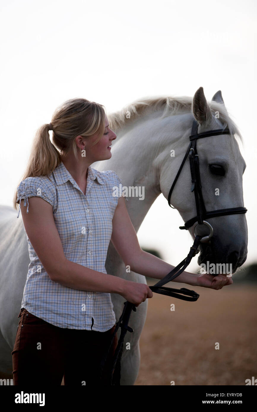 Une jeune femme tenant un cheval Connemara gris Banque D'Images