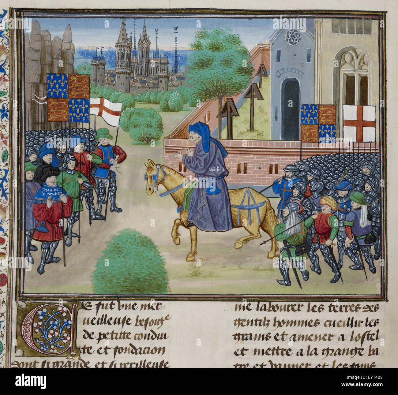 Cette image tirée de chroniques de France et d'Angleterre présente une scène représentant la révolte des paysans, mettant l'accent sur les troubles sociaux et les conflits pendant la révolte en Angleterre et en France. Banque D'Images