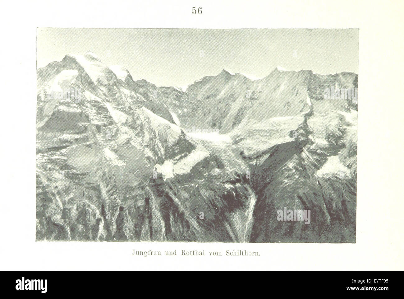 Photographie de la page 74 de 'In luftigen Höhen', représentant la Jungfrau et l'Oberland bernois en Suisse, publiée par la section berlinoise du Club alpin allemand et autrichien. Banque D'Images
