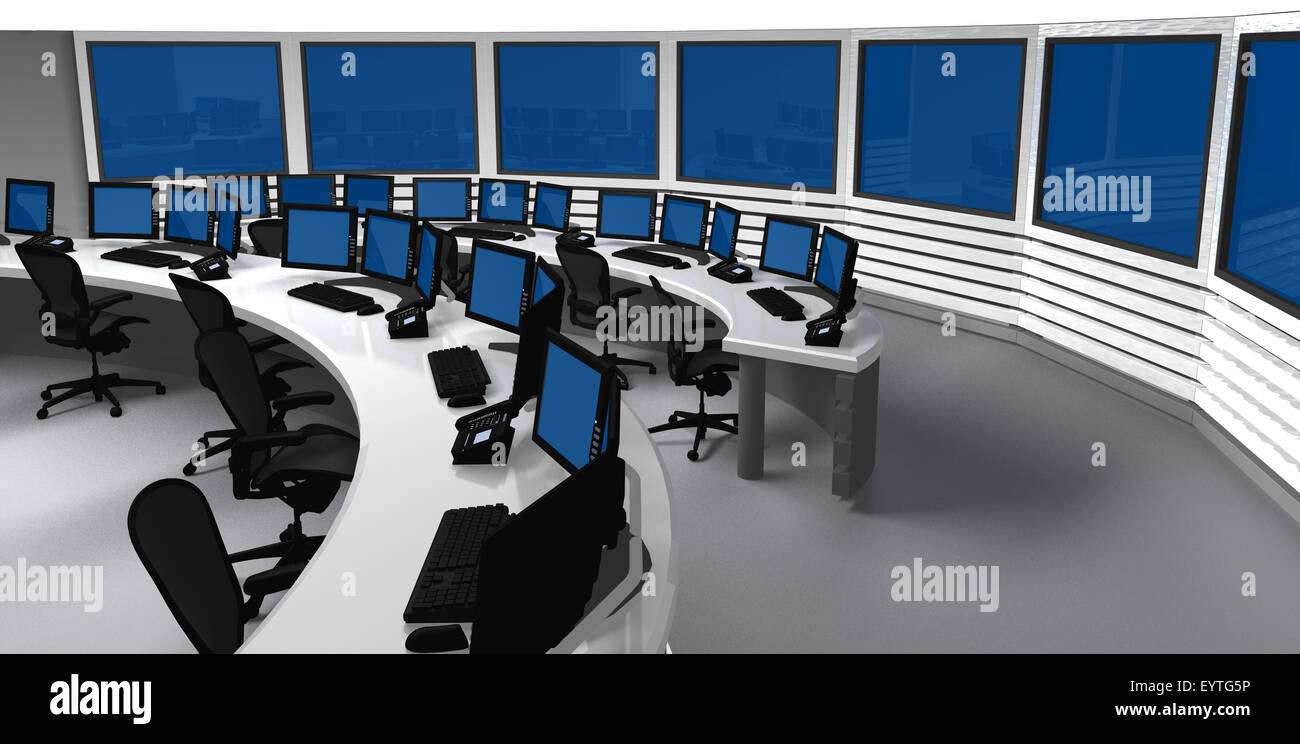 Centre de contrôle de surveillance avec plusieurs moniteurs et écrans Banque D'Images