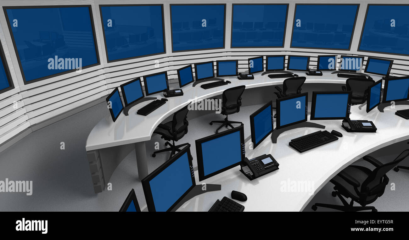 Centre de contrôle de surveillance avec plusieurs moniteurs et écrans Banque D'Images