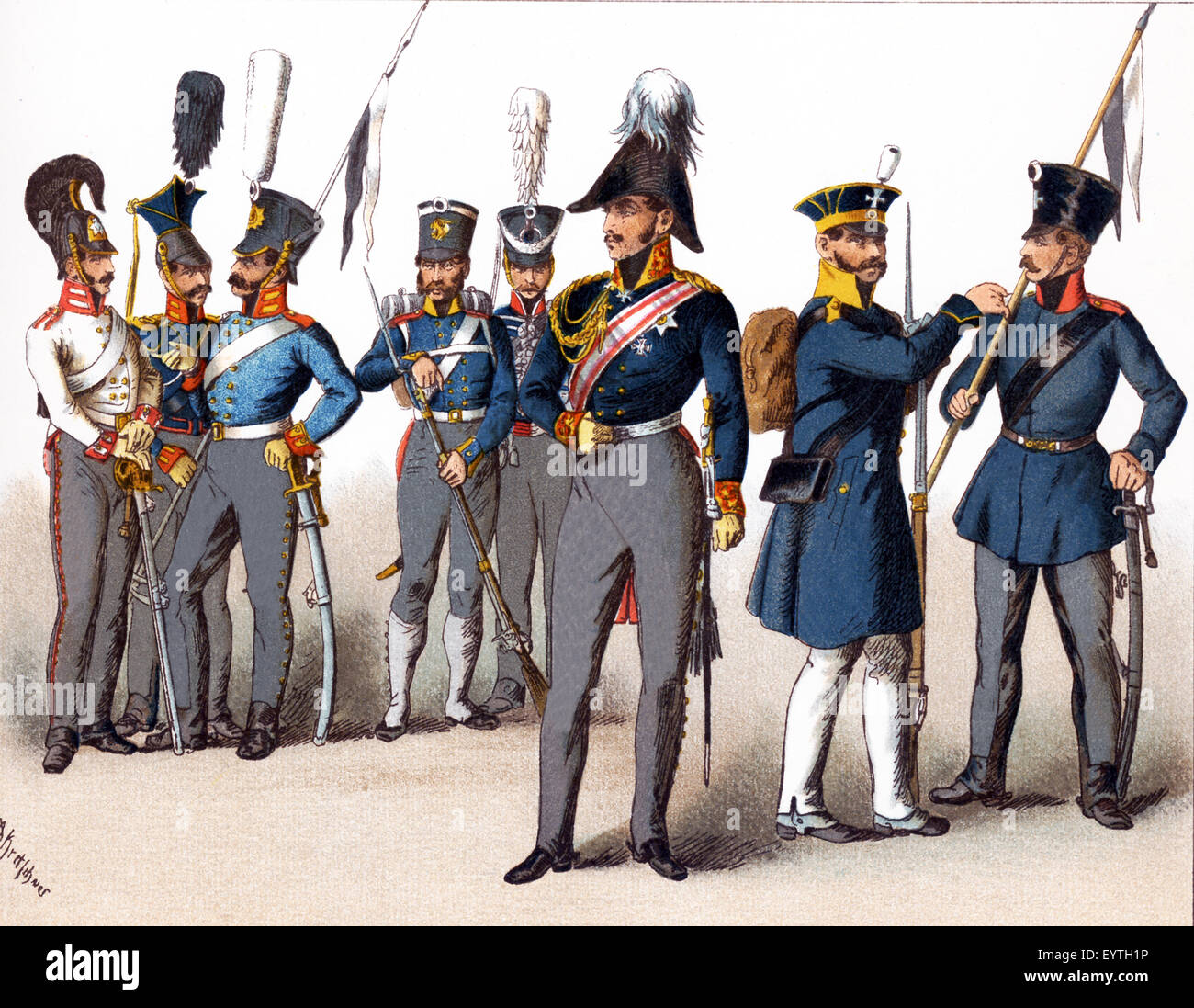 Les chiffres ci-dessus représentent des militaires prussiens. De gauche à droite : Cuirassier 1814, Uhlan, Dragoon, de l'infanterie de ligne, Hussar, général, la Silésie, La Milice La Milice et la cavalerie. L'illustration dates à 1882. Banque D'Images