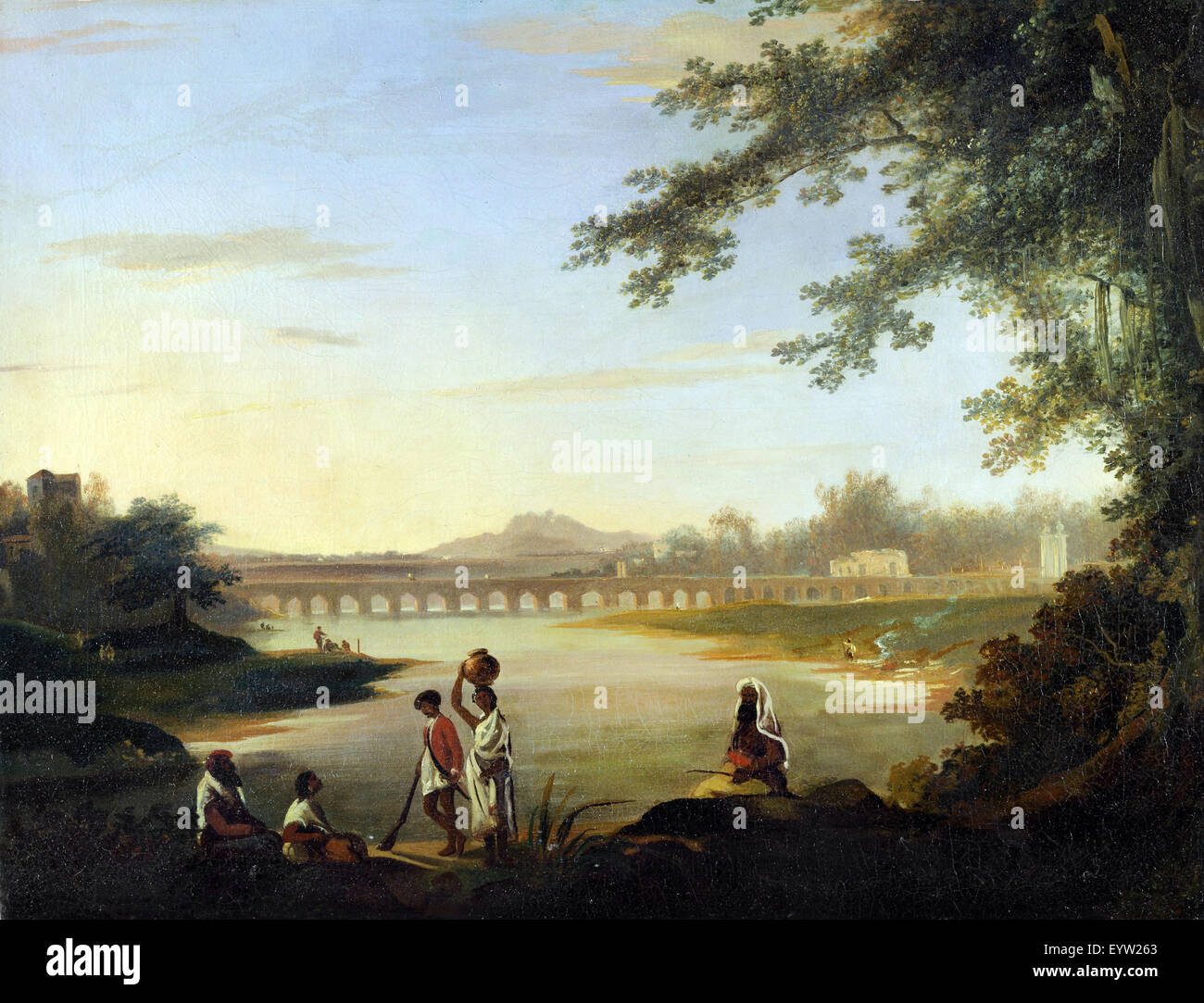 William Hodges, le pont Marmalong, avec un Sepoy et autochtones au premier plan. Circa 1783. Huile sur toile. Banque D'Images