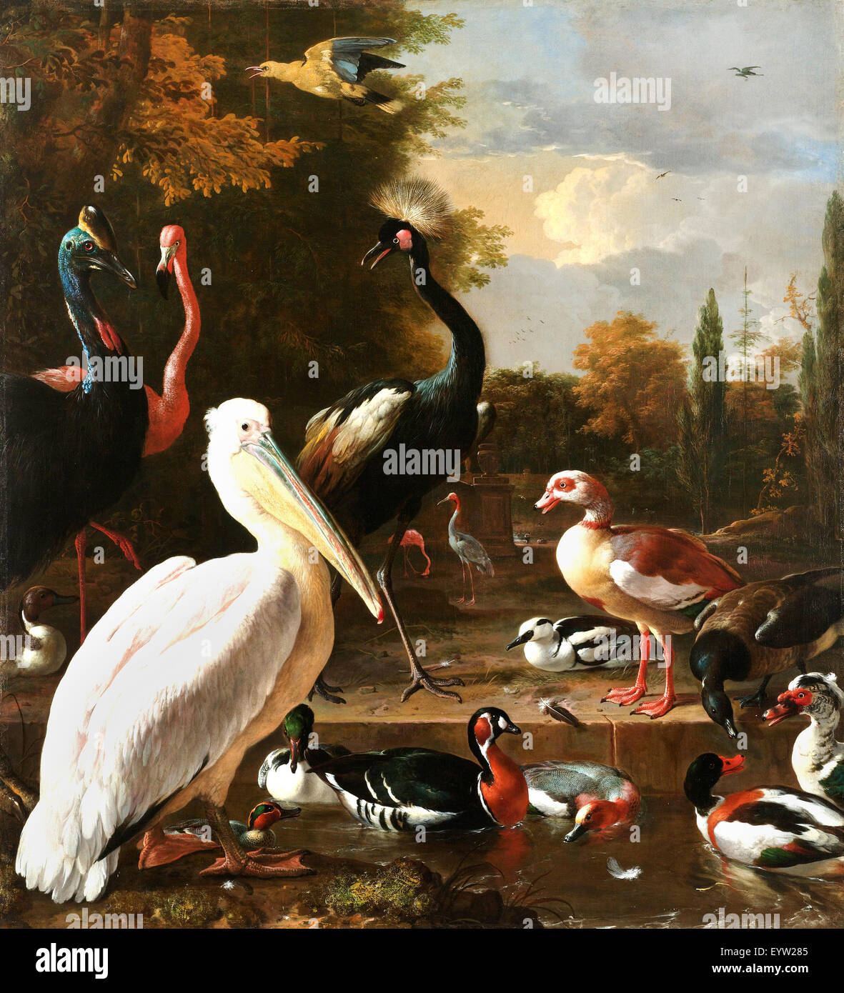 Melchior d'Hondecoeter, un pélican et autres oiseaux à proximité d'une piscine, connu comme 'la plume flottante" 1876 Huile sur toile. Banque D'Images