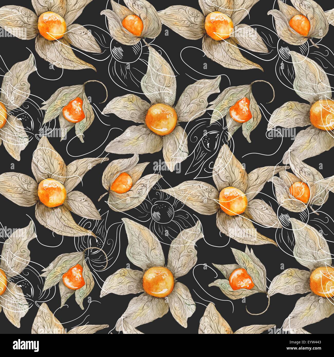 Seamless texture aquarelle de couleur orange vif avec des baies et feuilles d'ornement pastel sur fond noir pour menu, cuisine, Banque D'Images