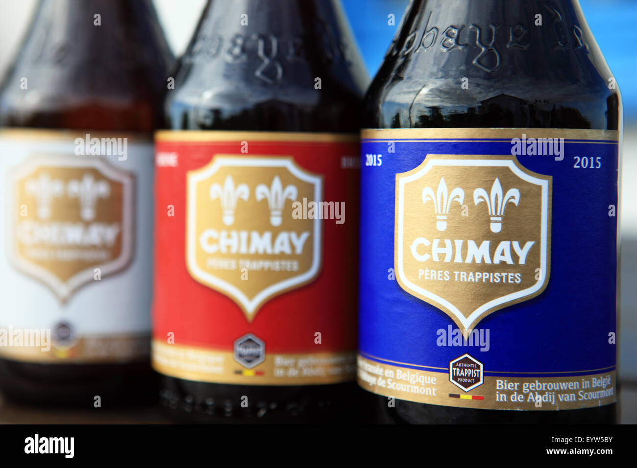 Bouteilles de bière belge Chimnay Banque D'Images