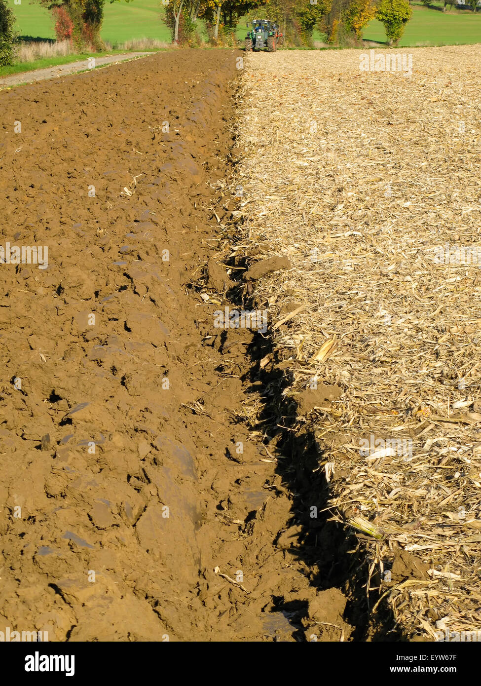 La moitié labourée, brown acre dans le Kraichgau, Allemagne. Petit tracteur vert dans l'arrière-plan. Banque D'Images