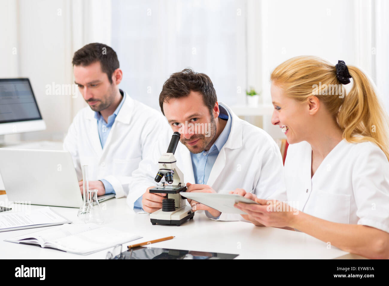 Une équipe de scientifiques travaillant ensemble au laboratoire Banque D'Images