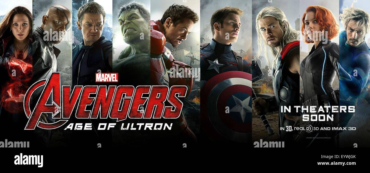 Avengers : Uncanny X-Men ; Année : 2015 ; USA Réalisateur : Joss Whedon ; Elizabeth Olsen, Samuel L. Jackson, Jeremy Renner, Robert Downey Jr., Chris Evans, Chris Hemsworth, Scarlett Johansson, Aaron Taylor-Johnson ; film poster (USA) Banque D'Images