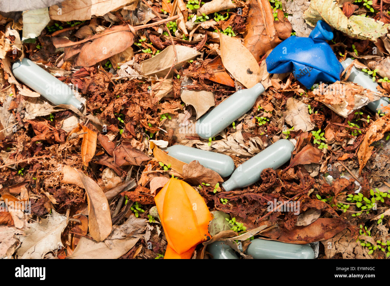 Contenants vides et des ballons utilisés pour l'inhalation d'oxyde nitreux haut juridique abandonné à côté d'une route de campagne. Banque D'Images