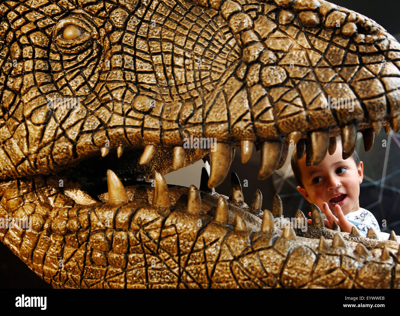 Londres, Royaume-Uni. 3 Août, 2015. Trois ans Noah Wiles pose avec un modèle en fibre de verre d'un Tyrannosaurus Rex à Christie's Auction House de Londres, UK Lundi, 3 août 2015. La pièce devrait pour £15000 quand il s'agit d'une vente aux enchères, dans le cadre de la vente hors de l'ordinaire le 10 septembre. Credit : Luke MacGregor/Alamy Live News Banque D'Images